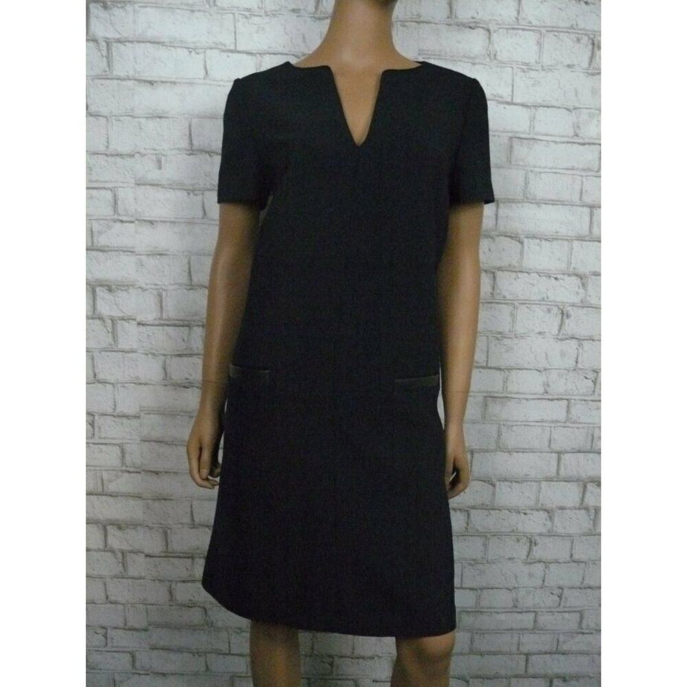 $855 Paule Ka Marine Blue Leather Trim Vneck Shift Dress 42 FR 10 US NWT - Picture 6 of 12